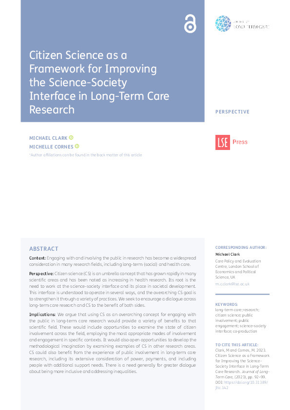 Citizen Science as a Framework for Improving the Science-Society Interface in Long-Term Care Research Thumbnail