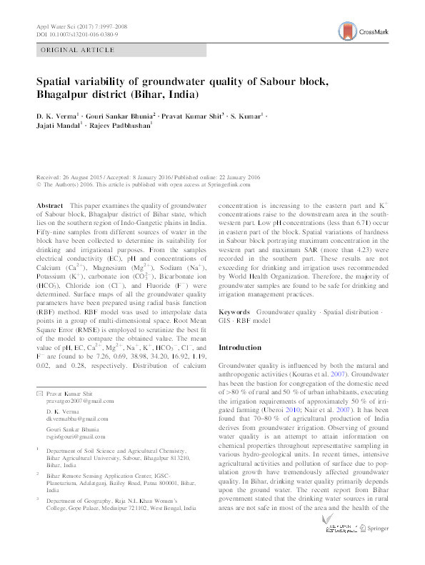 Spatial variability of groundwater quality of Sabour block, Bhagalpur district (Bihar, India) Thumbnail