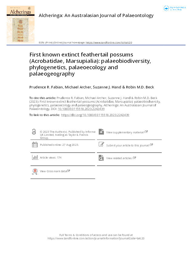 First known extinct feathertail possums (Acrobatidae, Marsupialia): palaeobiodiversity, phylogenetics, palaeoecology and palaeogeography Thumbnail