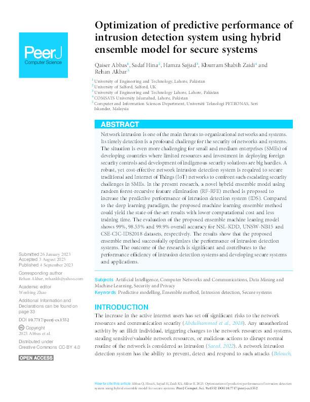 Optimization of predictive performance of intrusion detection system using hybrid ensemble model for secure systems Thumbnail