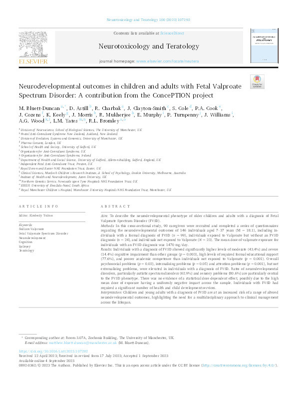 Neurodevelopmental outcomes in children and adults with Fetal Valproate Spectrum Disorder: A contribution from the ConcePTION project. Thumbnail