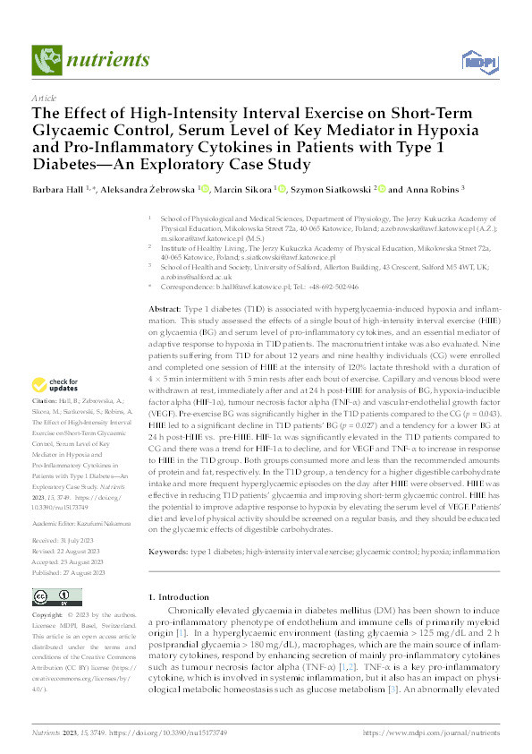 The Effect of High-Intensity Interval Exercise on Short-Term Glycaemic Control, Serum Level of Key Mediator in Hypoxia and Pro-Inflammatory Cytokines in Patients with Type 1 Diabetes—An Exploratory Case Study Thumbnail