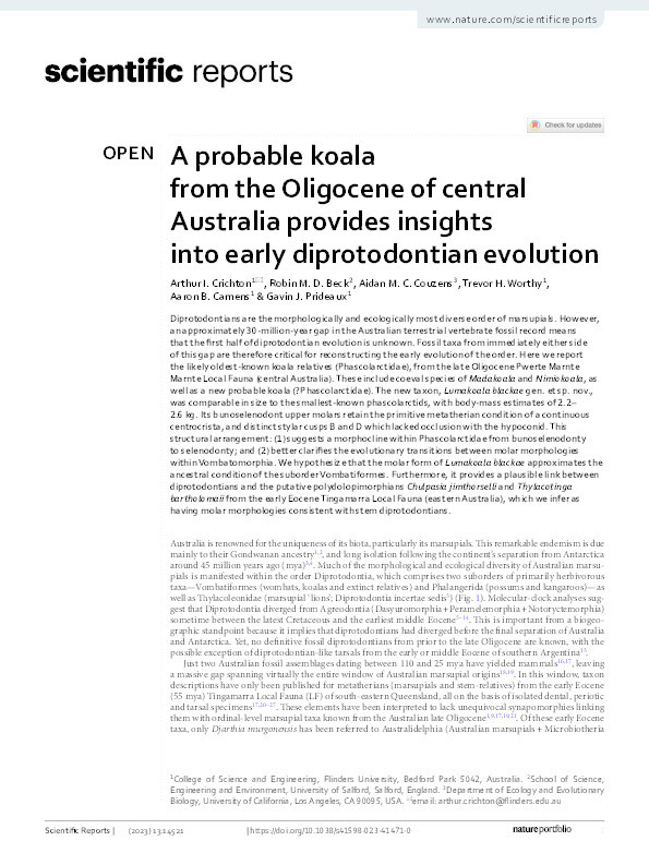 A probable koala from the Oligocene of central Australia provides insights into early diprotodontian evolution Thumbnail