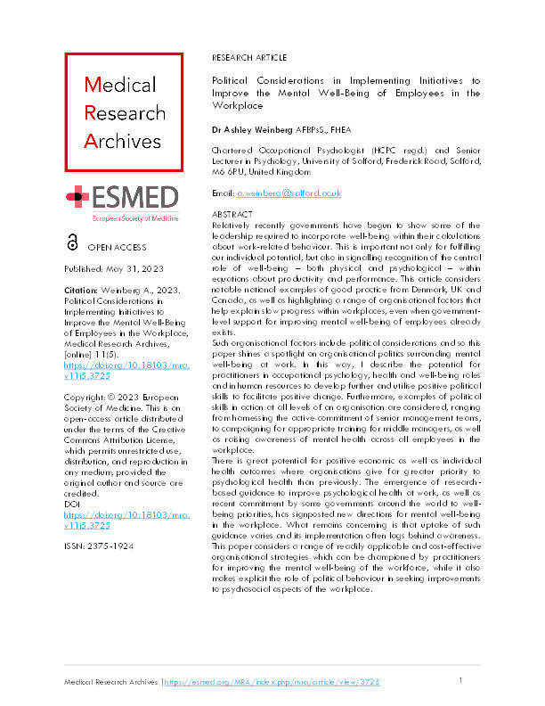 Political Considerations in Implementing Initiatives to Improve the Mental Well-Being of Employees in the Workplace Thumbnail