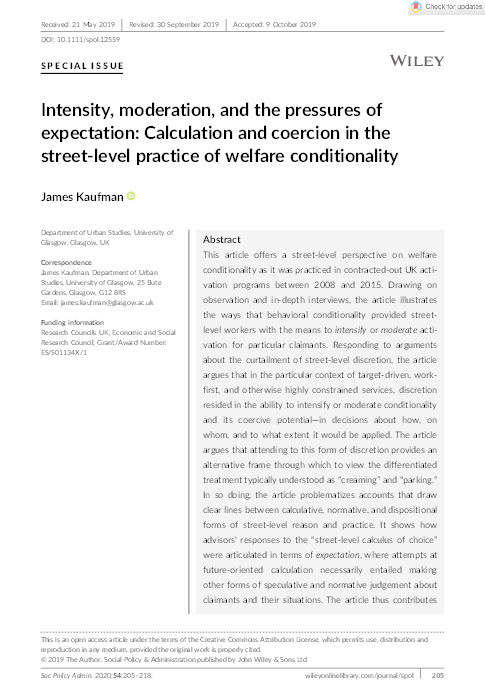 Intensity, moderation, and the pressures of expectation: Calculation and coercion in the street‐level practice of welfare conditionality Thumbnail
