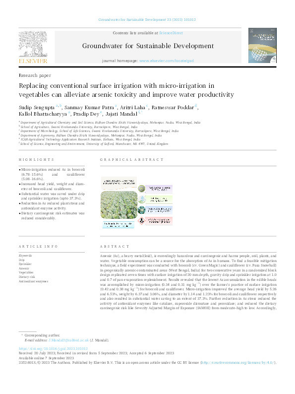 Replacing conventional surface irrigation with micro-irrigation in vegetables can alleviate arsenic toxicity and improve water productivity Thumbnail