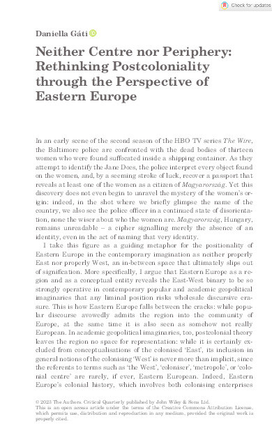 Neither Centre nor Periphery: Rethinking Postcoloniality through the Perspective of Eastern Europe Thumbnail