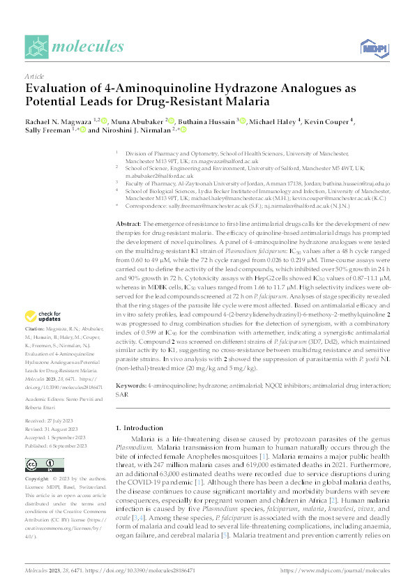 Evaluation of 4-Aminoquinoline Hydrazone Analogues as Potential Leads for Drug-Resistant Malaria Thumbnail