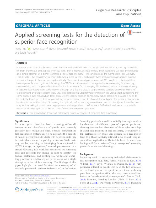 Applied screening tests for the detection of superior face recognition Thumbnail