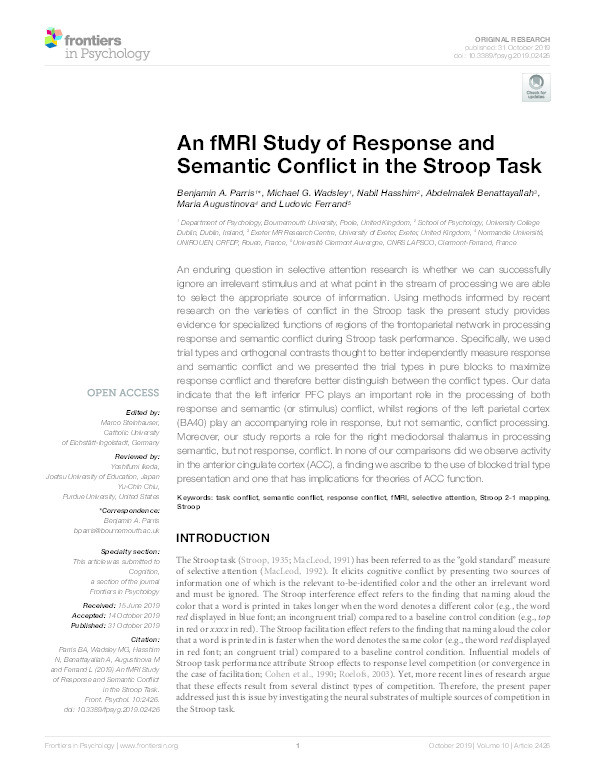 An fMRI study of response and semantic conflict in the Stroop task Thumbnail