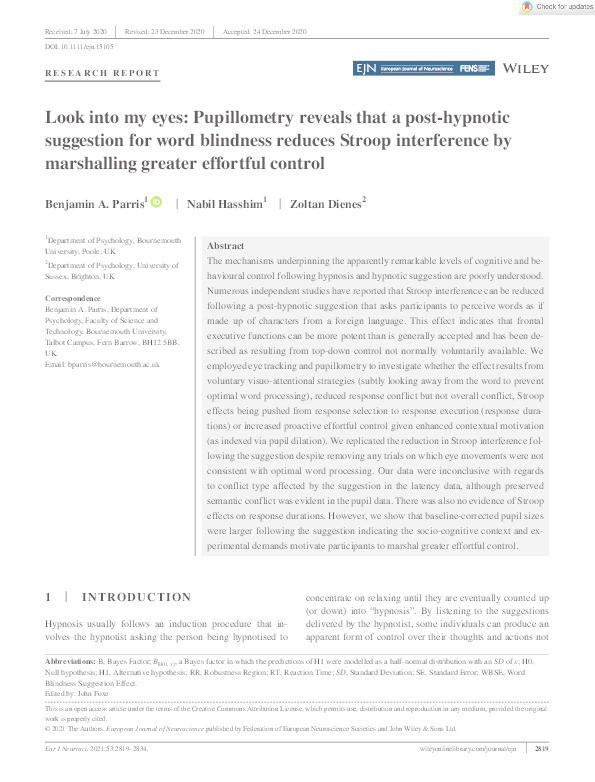 Look into my eyes: Pupillometry reveals that a post-hypnotic suggestion for word blindness reduces Stroop interference by marshalling greater effortful control Thumbnail