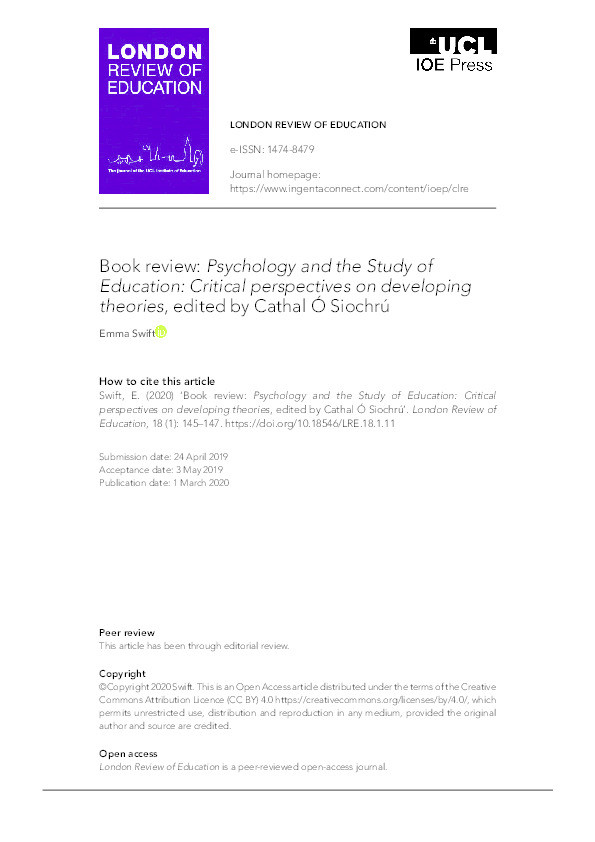 Book review: Psychology and the Study of Education: Critical perspectives on developing theories, edited by Cathal Ó Siochrú Thumbnail