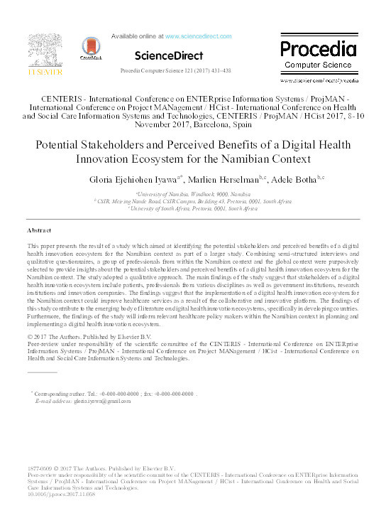 Potential Stakeholders and Perceived Benefits of a Digital Health Innovation Ecosystem for the Namibian Context Thumbnail