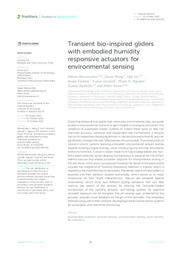 Transient bio-inspired gliders with embodied humidity responsive actuators for environmental sensing Thumbnail
