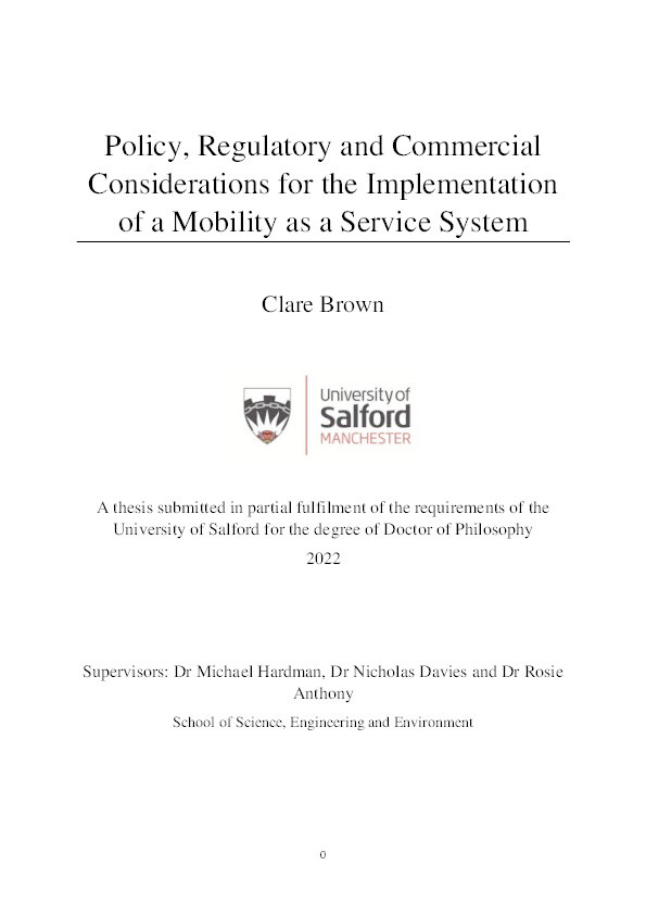 Policy, Regulatory and Commercial Considerations for the Implementation of a Mobility as a Service System Thumbnail