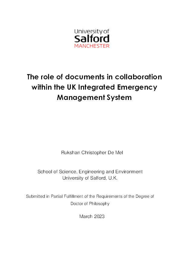 The role of documents in collaboration within the UK Integrated Emergency Management System Thumbnail