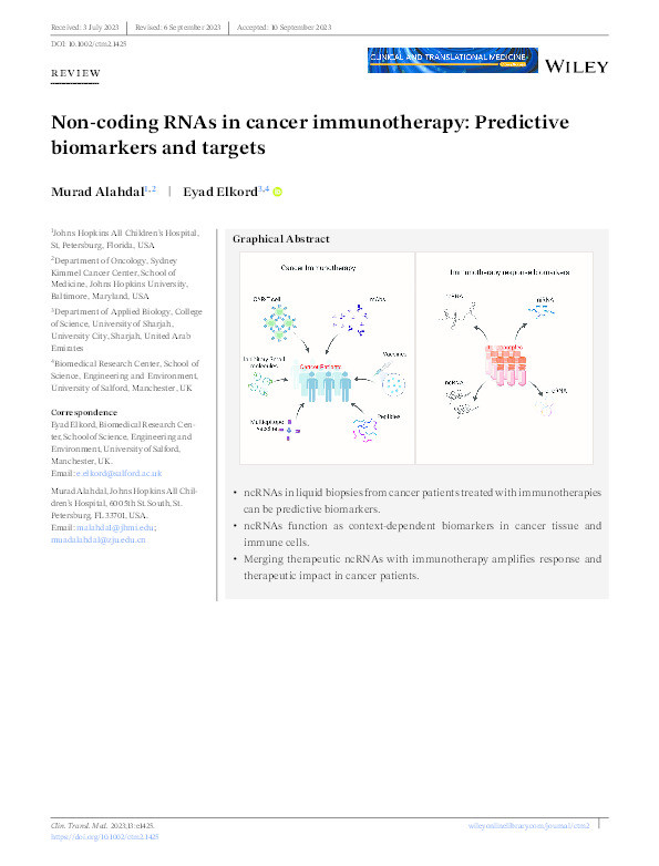 Non‐coding RNAs in cancer immunotherapy: Predictive biomarkers and targets Thumbnail