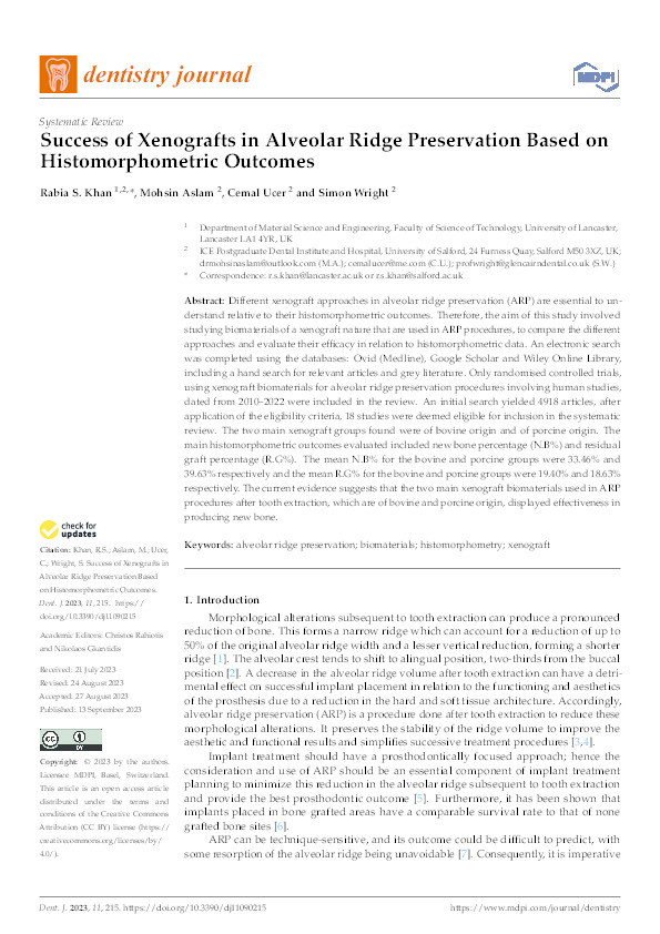 Success of Xenografts in Alveolar Ridge Preservation Based on Histomorphometric Outcomes Thumbnail