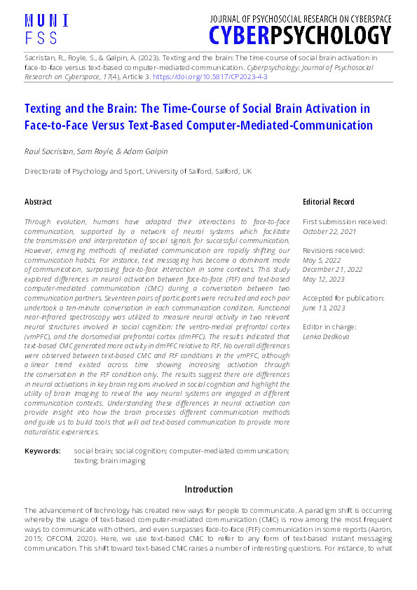 Texting and the brain: The time-course of social brain activation in face-to-face versus text-based computer-mediated-communication Thumbnail