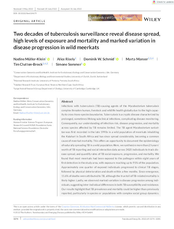 Two decades of tuberculosis surveillance reveal disease spread, high levels of exposure and mortality and marked variation in disease progression in wild meerkats Thumbnail