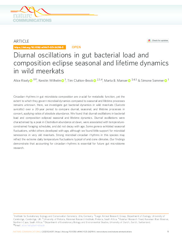 Diurnal oscillations in gut bacterial load and composition eclipse seasonal and lifetime dynamics in wild meerkats Thumbnail