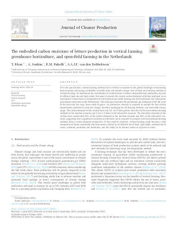 The embodied carbon emissions of lettuce production in vertical farming, greenhouse horticulture, and open-field farming in the Netherlands Thumbnail