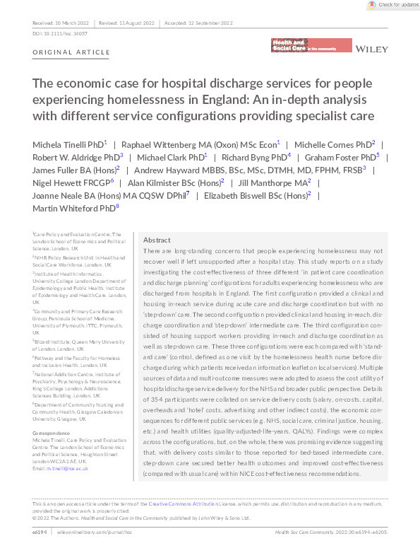 The economic case for hospital discharge services for people experiencing homelessness in England: An in-depth analysis with different service configurations providing specialist care Thumbnail