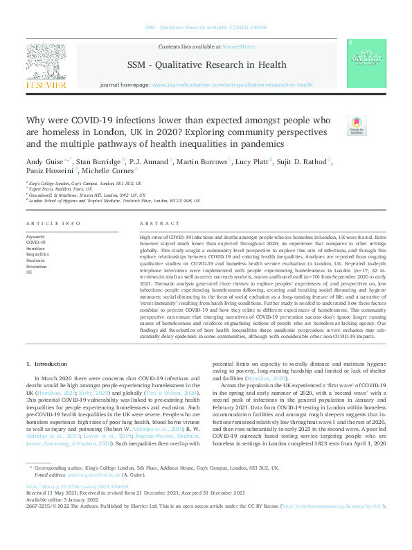 Why were COVID-19 infections lower than expected amongst people who are homeless in London, UK in 2020? Exploring community perspectives and the multiple pathways of health inequalities in pandemics Thumbnail