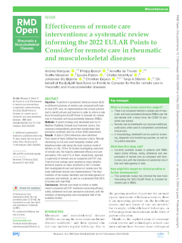 Effectiveness of remote care interventions: a systematic review informing the 2022 EULAR Points to Consider for remote care in rheumatic and musculoskeletal diseases Thumbnail