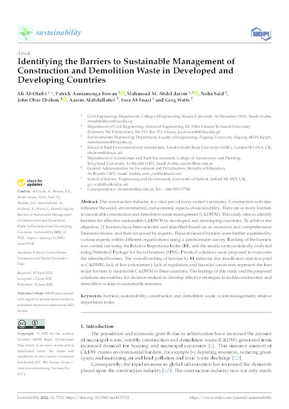 Identifying the Barriers to Sustainable Management of Construction and Demolition Waste in Developed and Developing Countries Thumbnail