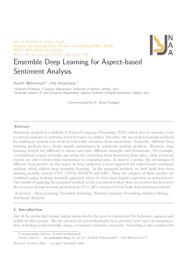 Ensemble Deep Learning for Aspect-based Sentiment Analysis Thumbnail