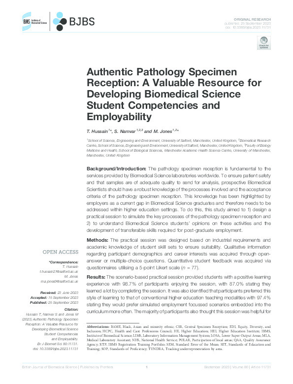 Authentic Pathology Specimen Reception: A Valuable Resource for Developing Biomedical Science Student Competencies and Employability Thumbnail