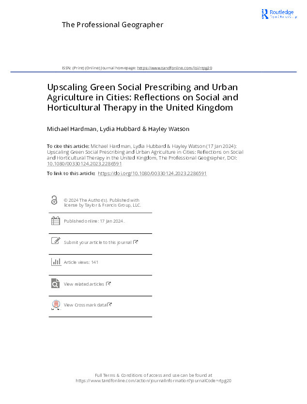 Upscaling Green Social Prescribing and Urban Agriculture in Cities: Reflections on Social and Horticultural Therapy in the United Kingdom Thumbnail