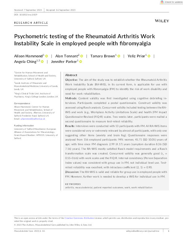 Psychometric testing of the Rheumatoid Arthritis Work Instability Scale in employed people with fibromyalgia Thumbnail