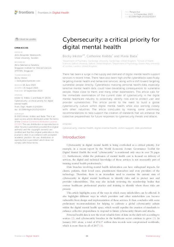Cybersecurity: a critical priority for digital mental health Thumbnail
