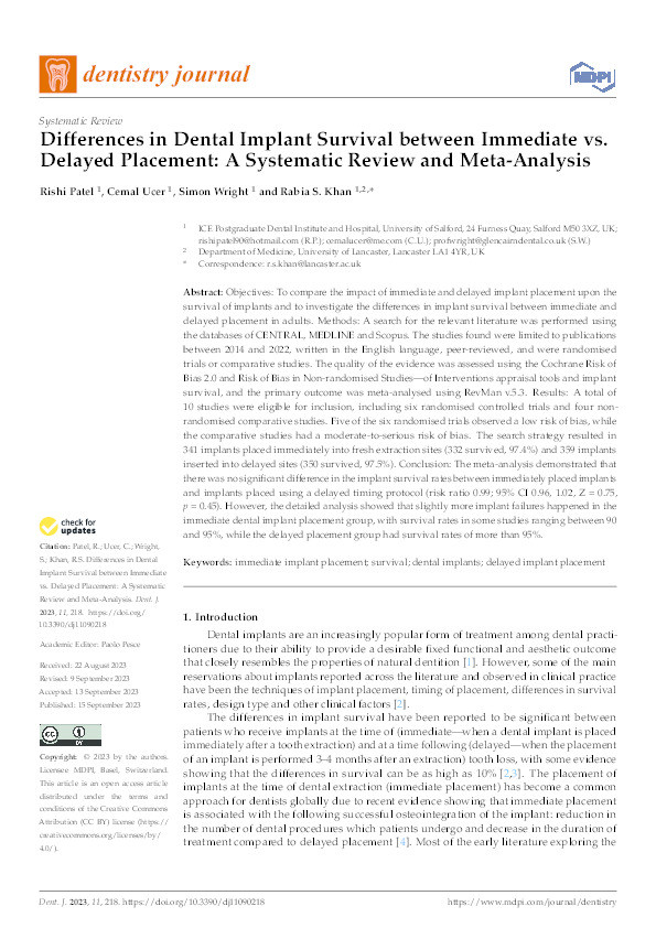 Differences in Dental Implant Survival between Immediate vs. Delayed Placement: A Systematic Review and Meta-Analysis Thumbnail