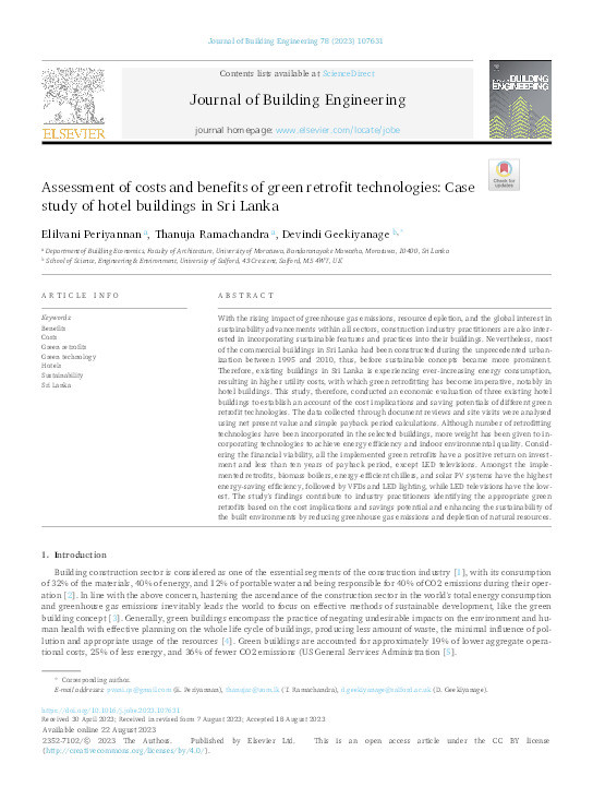 Assessment of costs and benefits of green retrofit technologies: Case study of hotel buildings in Sri Lanka Thumbnail