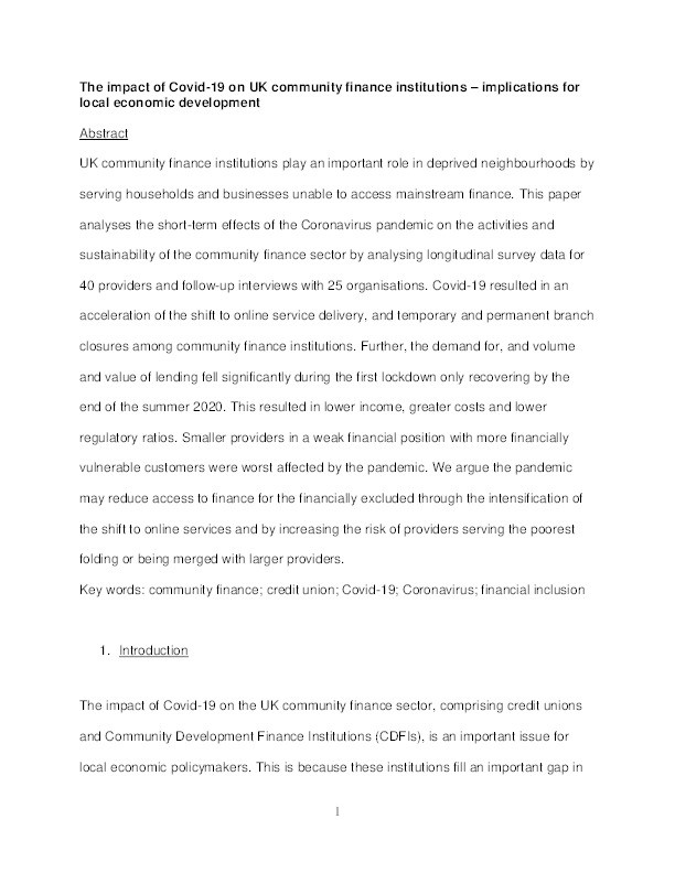 The impact of COVID-19 on UK community finance institutions – Implications for local economic development Thumbnail