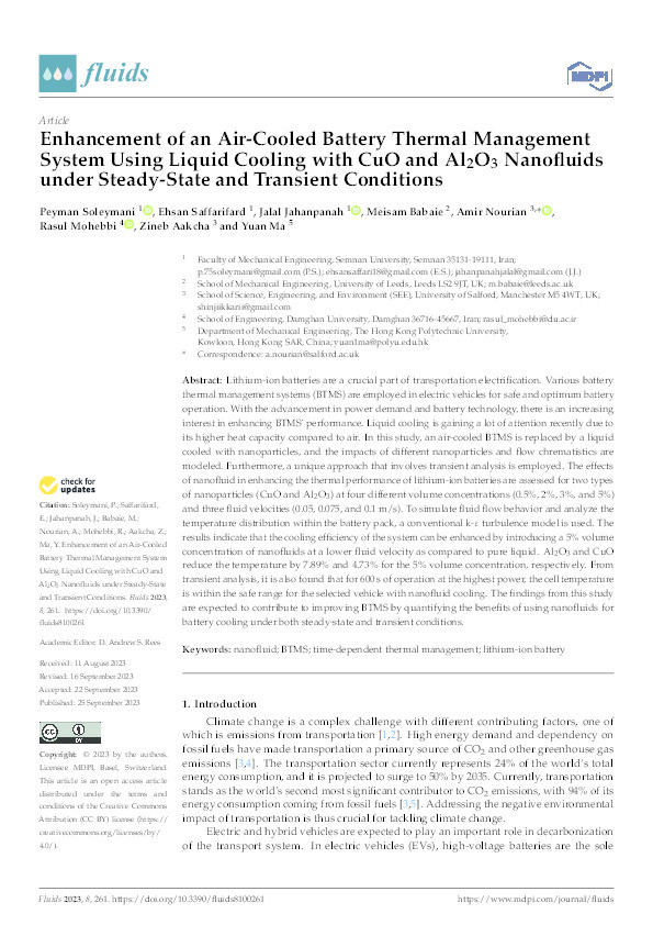 Enhancement of an Air-Cooled Battery Thermal Management System Using Liquid Cooling with CuO and Al2O3 Nanofluids under Steady-State and Transient Conditions Thumbnail