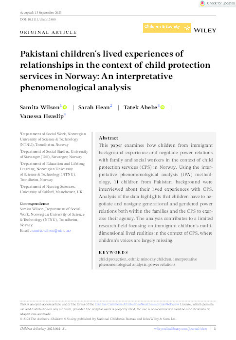 Pakistani children's lived experiences of relationships in the context of child protection services in Norway: An interpretative phenomenological analysis Thumbnail