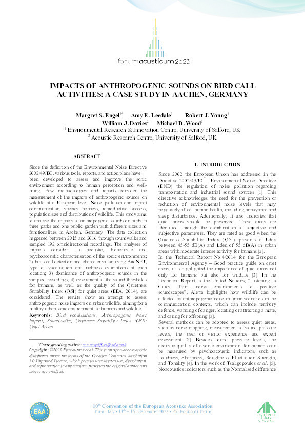 Impacts of anthropogenic sounds on bird call activities: A case study in Aachen, Germany Thumbnail