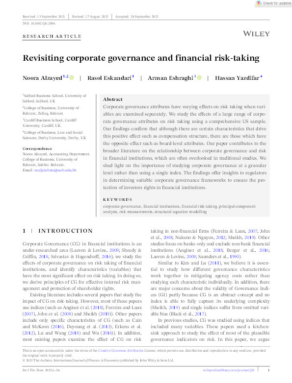 Revisiting corporate governance and financial risk‐taking Thumbnail