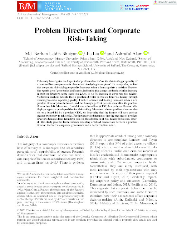 Problem Directors and Corporate Risk‐Taking Thumbnail