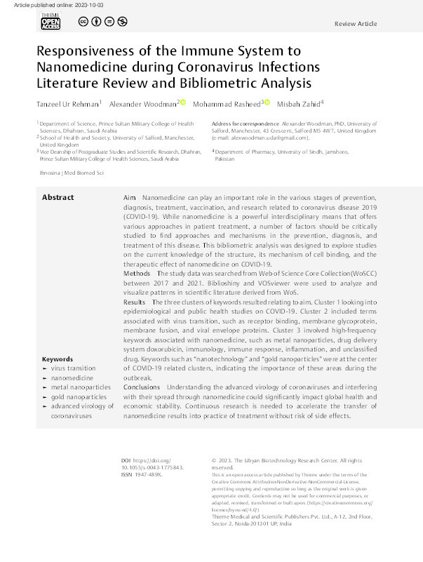 Responsiveness of the Immune System to Nanomedicine during Coronavirus Infections Literature Review and Bibliometric Analysis Thumbnail