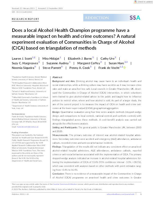 Does a local Alcohol Health Champion programme have a measurable impact on health and crime outcomes? A natural experiment evaluation of Communities in Charge of Alcohol (CICA) based on triangulation of methods Thumbnail