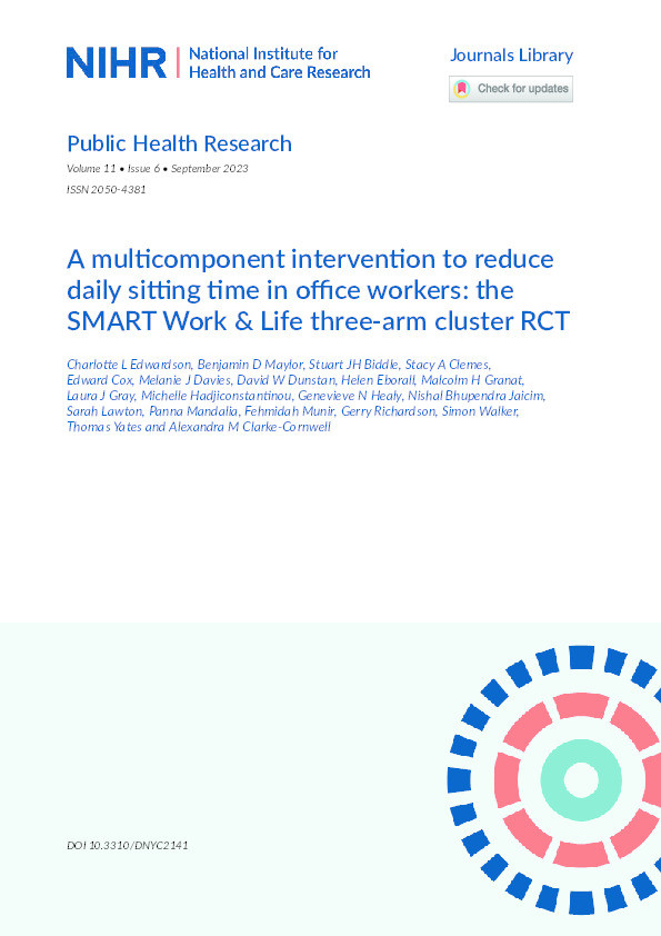A multicomponent intervention to reduce daily sitting time in office workers: the SMART Work & Life three-arm cluster RCT Thumbnail