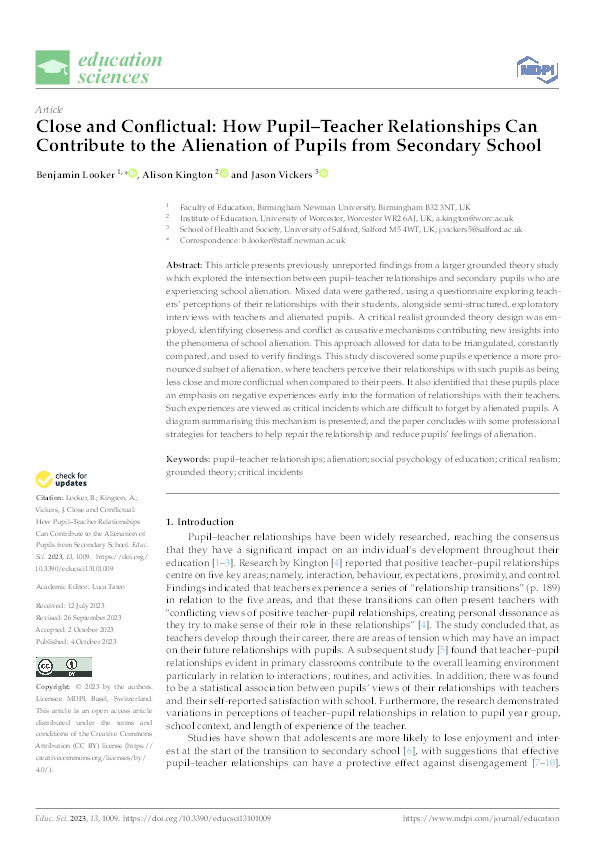 Close and Conflictual: How Pupil–Teacher Relationships Can Contribute to the Alienation of Pupils from Secondary School Thumbnail