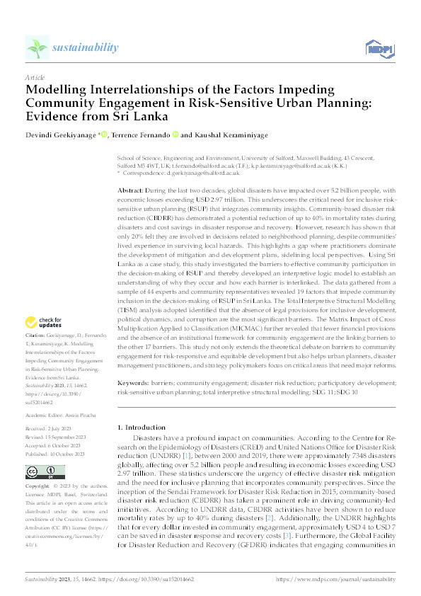 Modelling Interrelationships of the Factors Impeding Community Engagement in Risk-Sensitive Urban Planning: Evidence from Sri Lanka Thumbnail