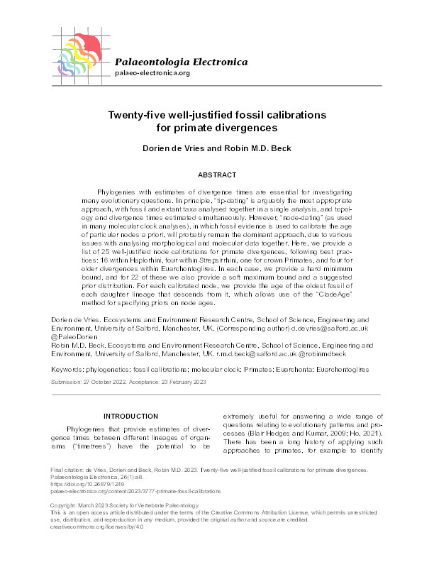 Twenty-five well-justified fossil calibrations for primate divergences Thumbnail