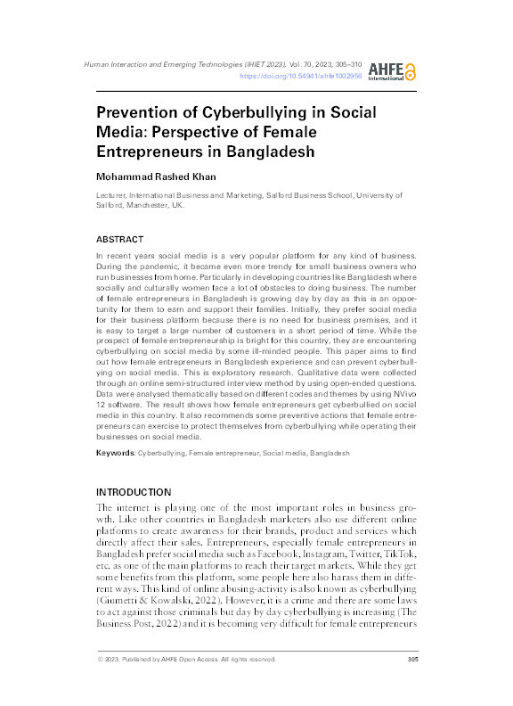 Prevention of Cyberbullying in Social Media: Perspective of Female Entrepreneurs in Bangladesh. Thumbnail